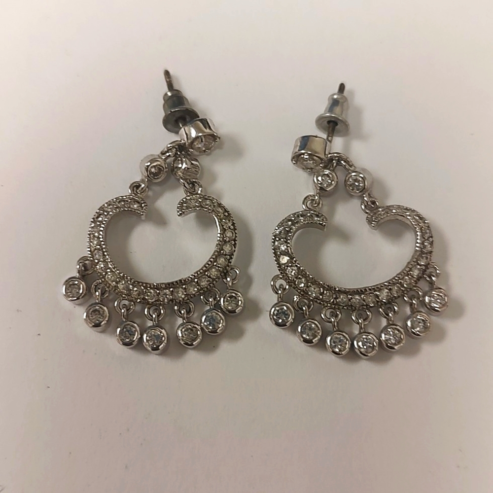 Vtg ATI SX 925 Sterling Silver & Faceted Crystal Dangle Pierced Earrings 1.25" *